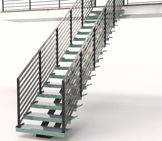 Rendered staircase in painted steel. The Railings are a gunmetal black, the stringer in black, and the treads are in a very light green. The staircase has flat bar railing on both sides.