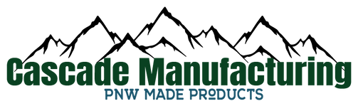 Cascade Manufacturing's logo. Has the words "Cascade Manufacturing" in front of a mountain range. With the words "PNW Made Products" right below brand name
