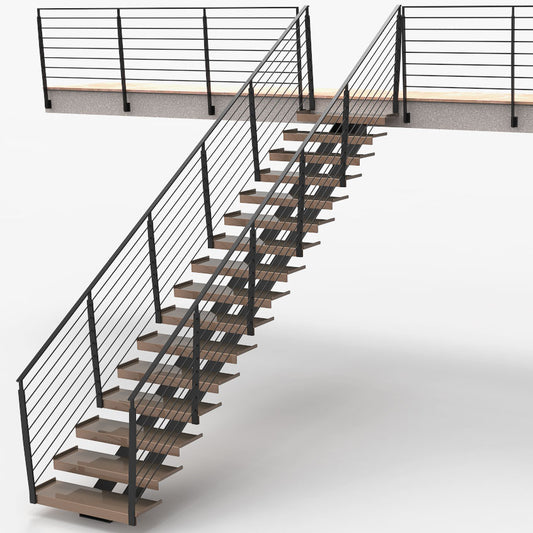 Rendered staircase in steel, The railings and stringer are painted black and the treads are painted a gloss light brown. There are railings on both side of the staircase.