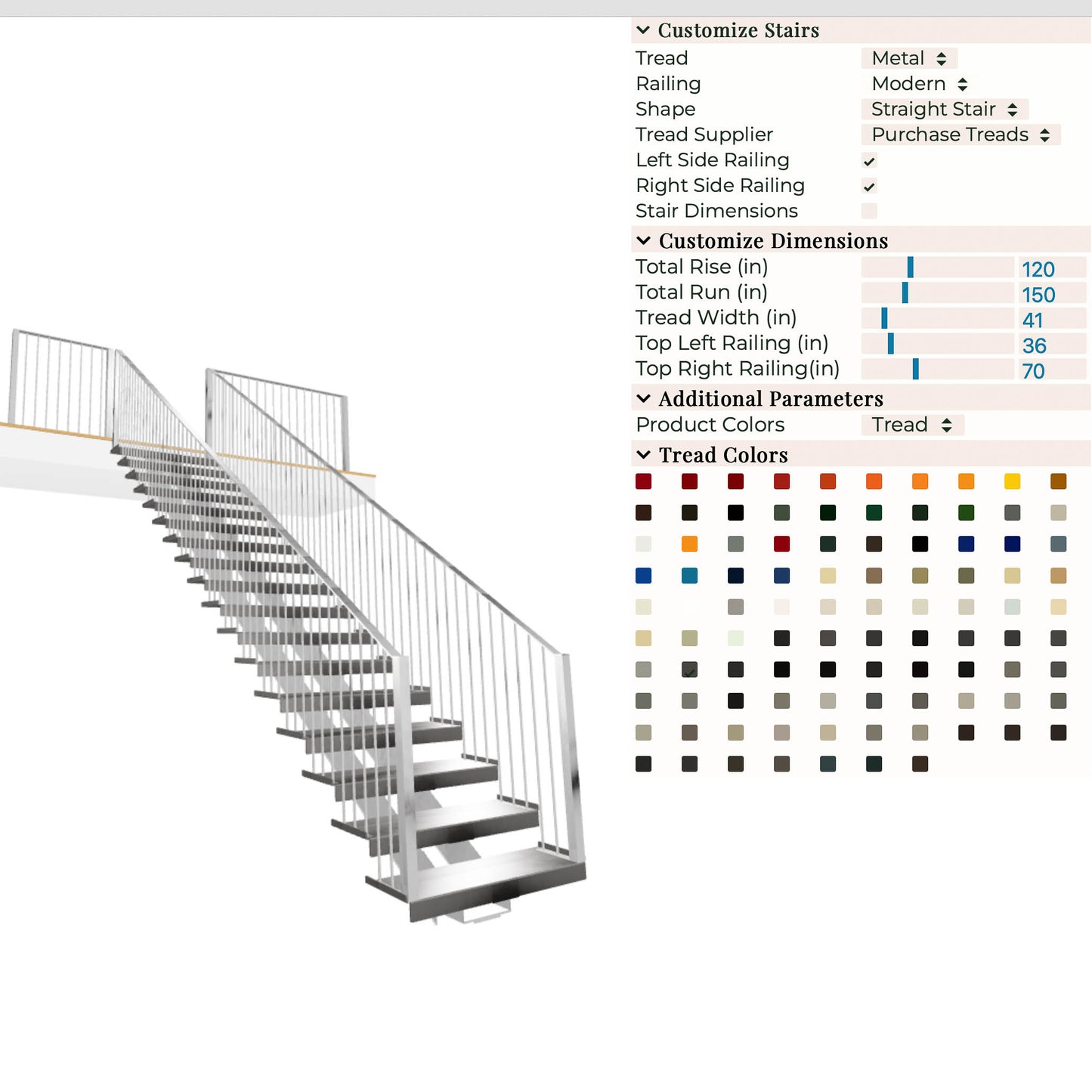 Screen Shot of our new custom stair builder program. Will let you enter dimensions and select different railing, tread, and color options.