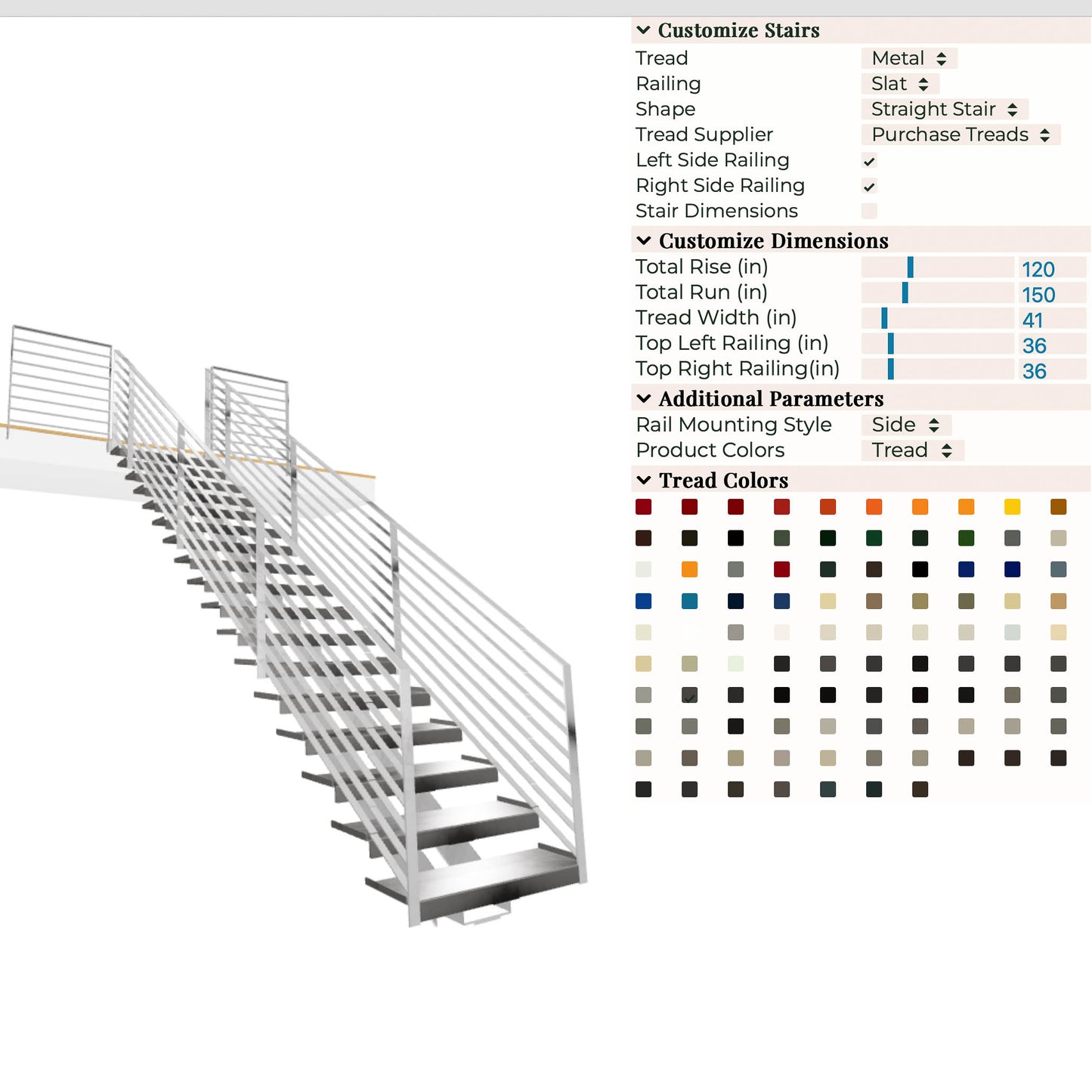 Screen Shot of our new custom stair builder program. Will let you enter dimensions and select different railing, tread, and color options.