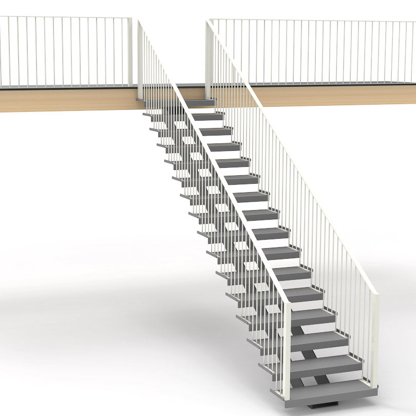 Rendered steel staircase. The railings are white and the stringer and treads in in grey. The railing is vertical thin posts and on both sides of the staircase.