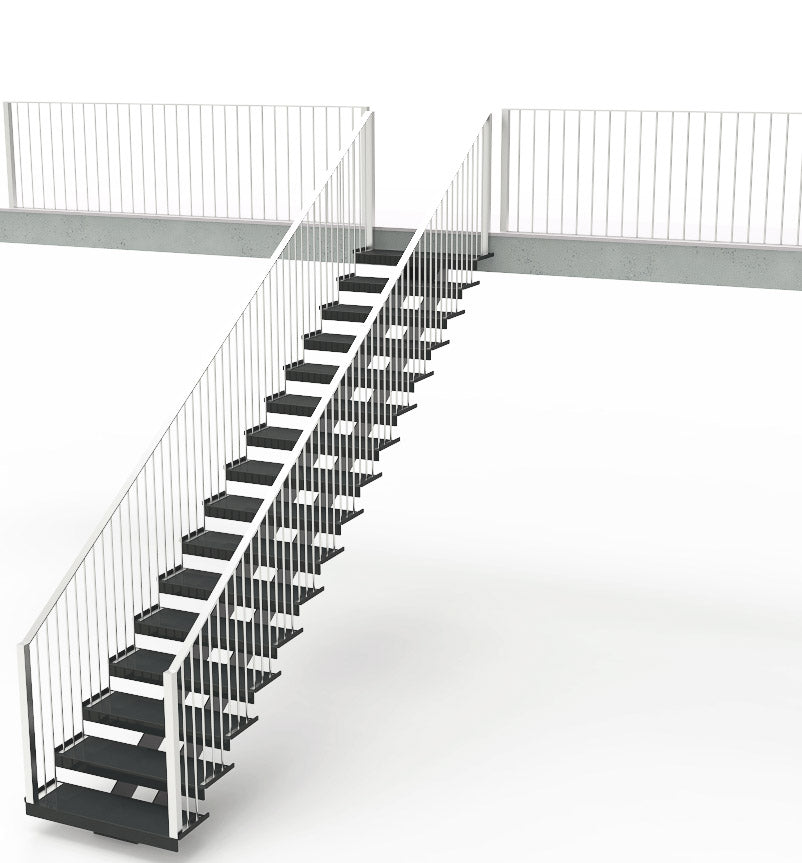 Rendered steel staircase. The railings are white and the treads and stringer are black. The railings are thing vertical posts and are on both sides of the staircase.