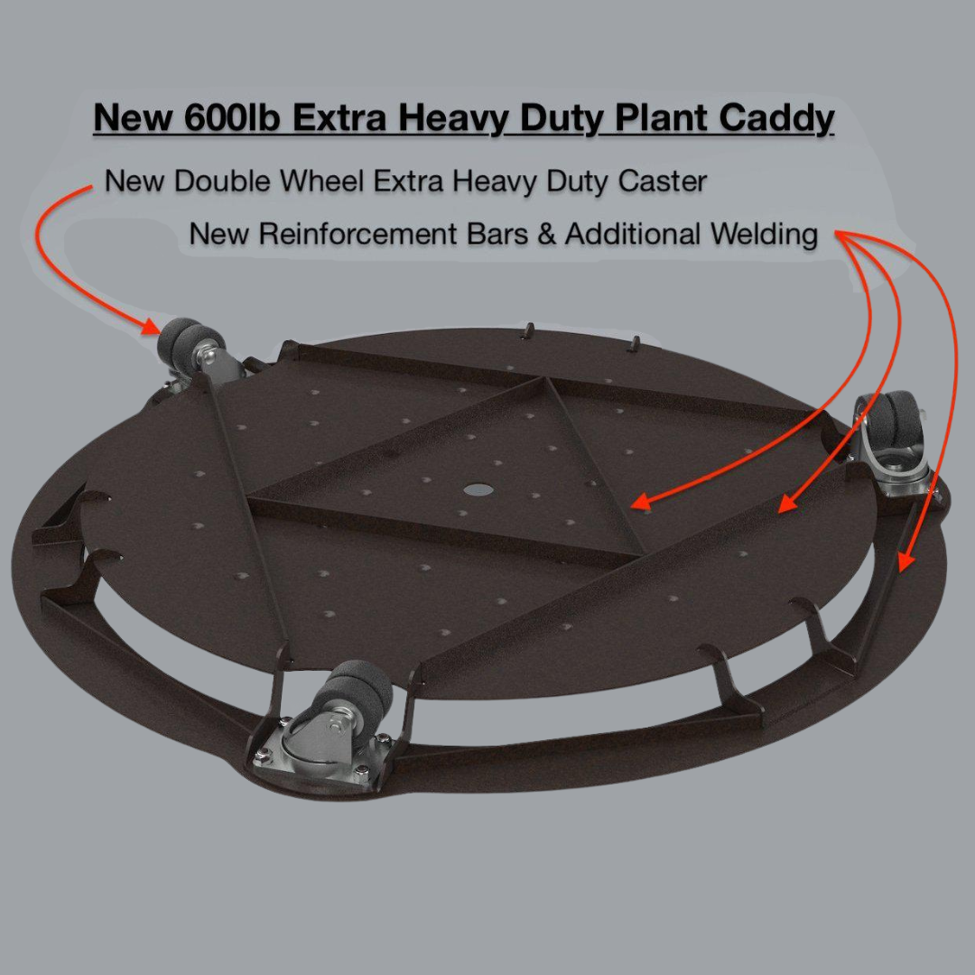 the bottom with features pointed out for Cascade Manufacturing's powder coated steel extra heavy duty rolling plant caddy